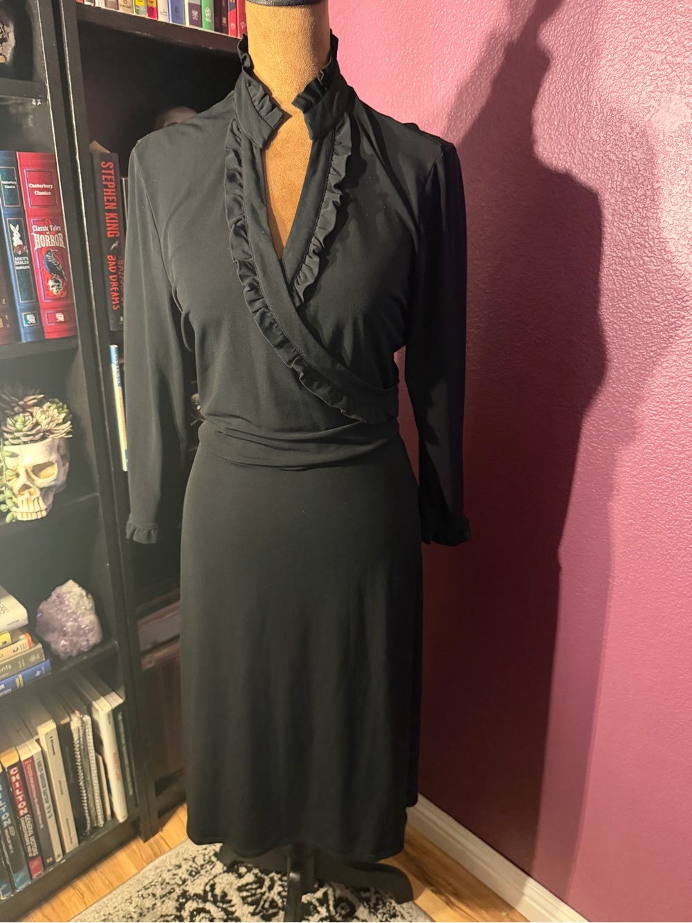 Goth Black Ruffle-Trim Wrap Dress- sophisticated, dark academia